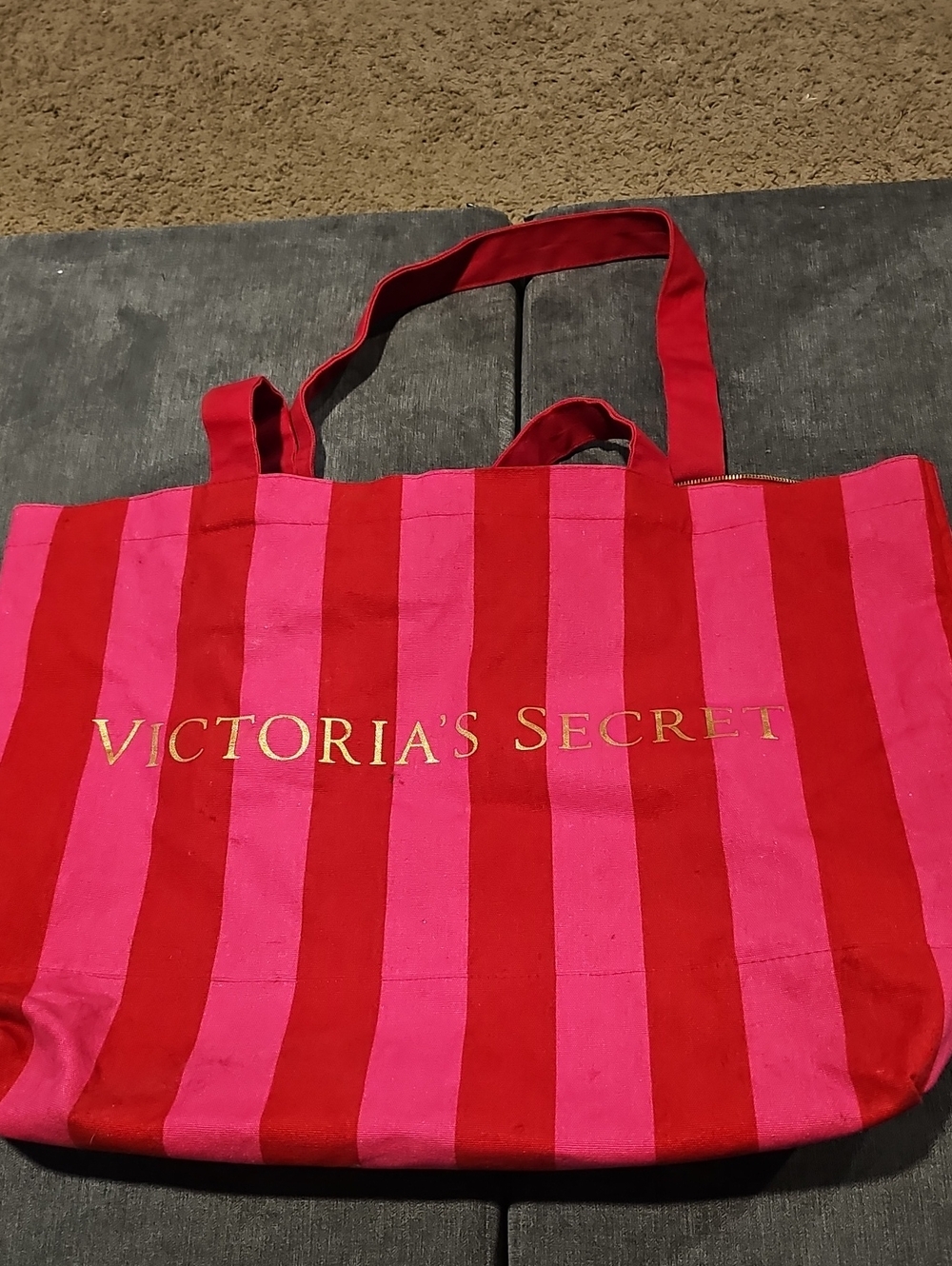 Victoria's Secret Red and Pink Vertical Stripe Tote